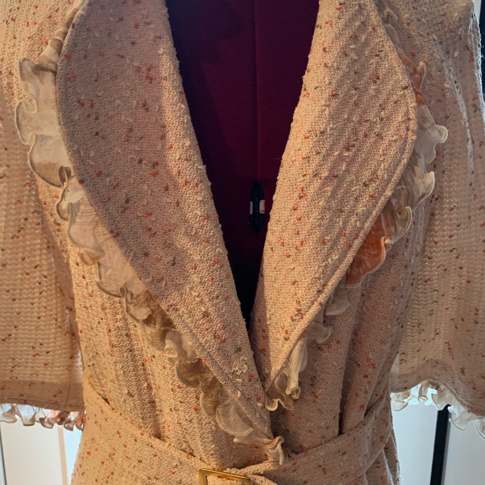 St. John Elegant Cream Tweed Coat with Ruffle Details and belt